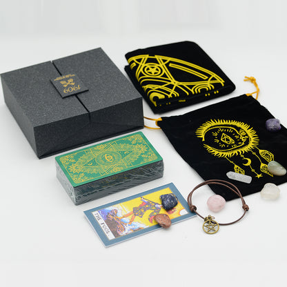 Gold Foil Tarot Deck | 1909 Blue Or Green Colored Plastic Premium Cards | Luxury Divination Gift Box W/ Tablecloth, Deck Pouch, English Guidebook, Crystal Stones & Amulet | Apollo Tarot Shop