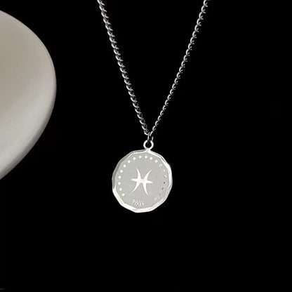 Twelve Constellation Long Necklace | 12 Zodiac Signs Round Silver Color Pendant | Witchy Birthday Gift Jewelry For Spiritual Men & Women | Apollo Tarot Shop