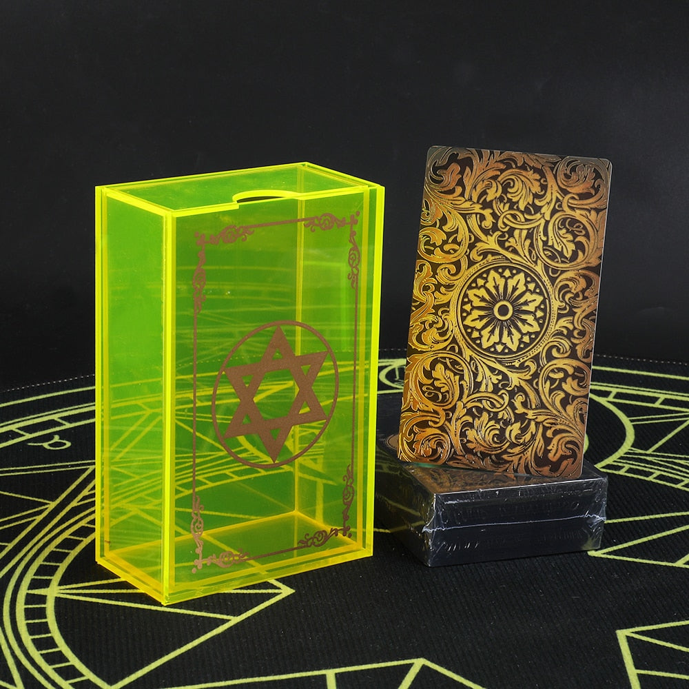 Gold Foil Tarot Deck In Luxury Neon Acrylic Box | Waterproof Wear-Resistant Frameless Cards + English Guidebook For Beginners | Apollo Tarot Shop