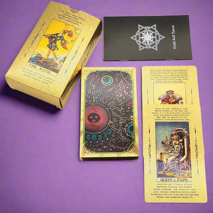 Beginner Tarot Deck With Meaning Keywords | Gold Foil Tarot Cards In Economic Tuck Box + English Guidebook For Newbie Readers | Apollo Tarot Shop