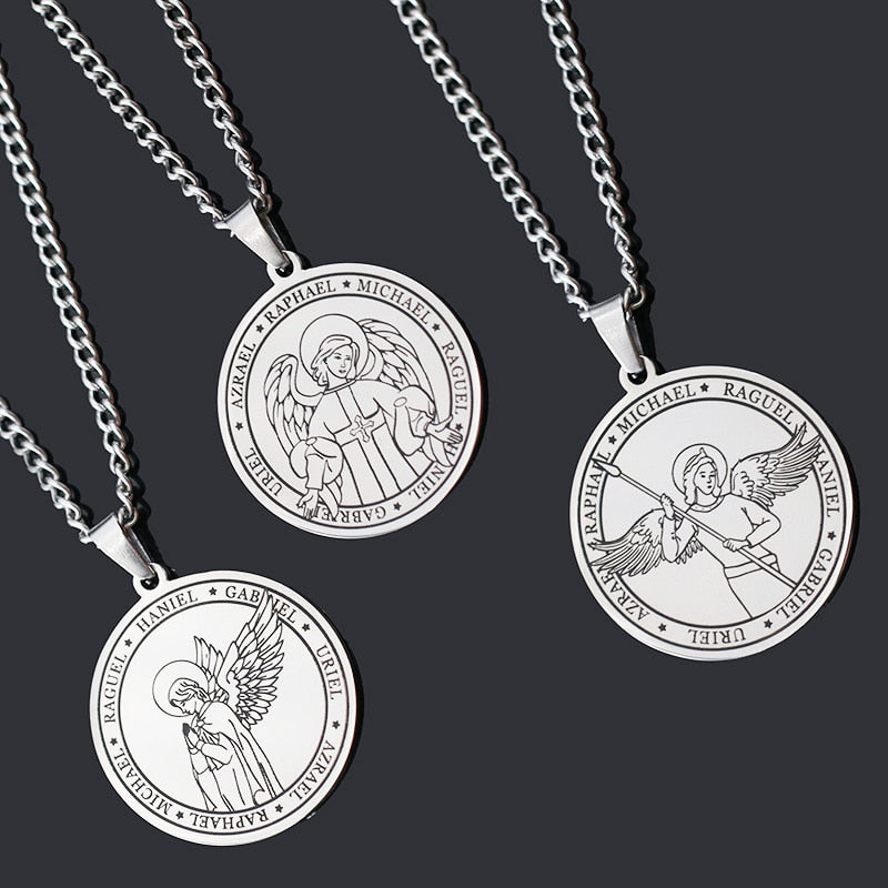 7 Archangels Portrait Necklace | Angel Wings Stainless Steel Pendants | Spiritual Jewelry Religious Amulet For Protection & Luck | Apollo Tarot Shop