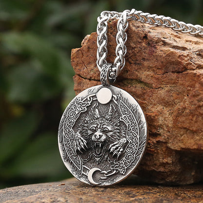 Norse Mythology Fenrir Wolf Necklace | Vegvisir Runic Compass Coin Pendant | Viking Jewelry | Apollo Tarot Shop