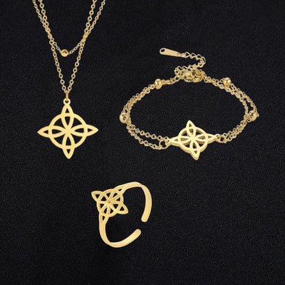 Witch Knot Jewelry Set | Witchy Celtic Necklace, Bracelet, Earring, & Ring Four-Piece Set | Witchcraft Amulet Gift For Wiccan Pagan Women | Apollo Tarot Shop