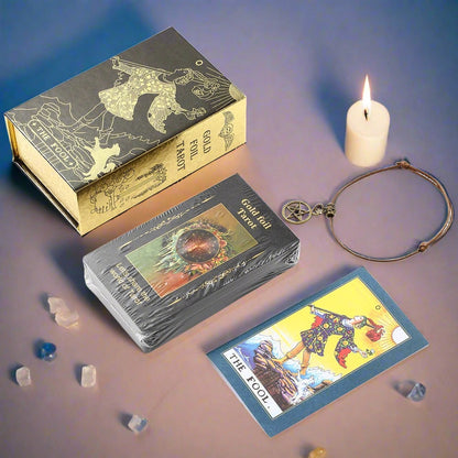 Products Beginner Tarot Deck With Meaning Keywords In Gold Foil Premium Tear-Resistant Cards | Divination Tarot Card Set With English Guidebook For Newbies | Apollo Tarot Shop