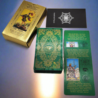 Beginner Tarot Deck With Meaning Keywords | Gold Foil Tarot Cards In Economic Tuck Box + English Guidebook For Newbie Readers | Apollo Tarot Shop