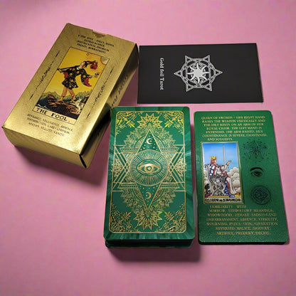 Beginner Tarot Deck With Meaning Keywords | Gold Foil Tarot Cards In Economic Tuck Box + English Guidebook For Newbie Readers | Apollo Tarot Shop