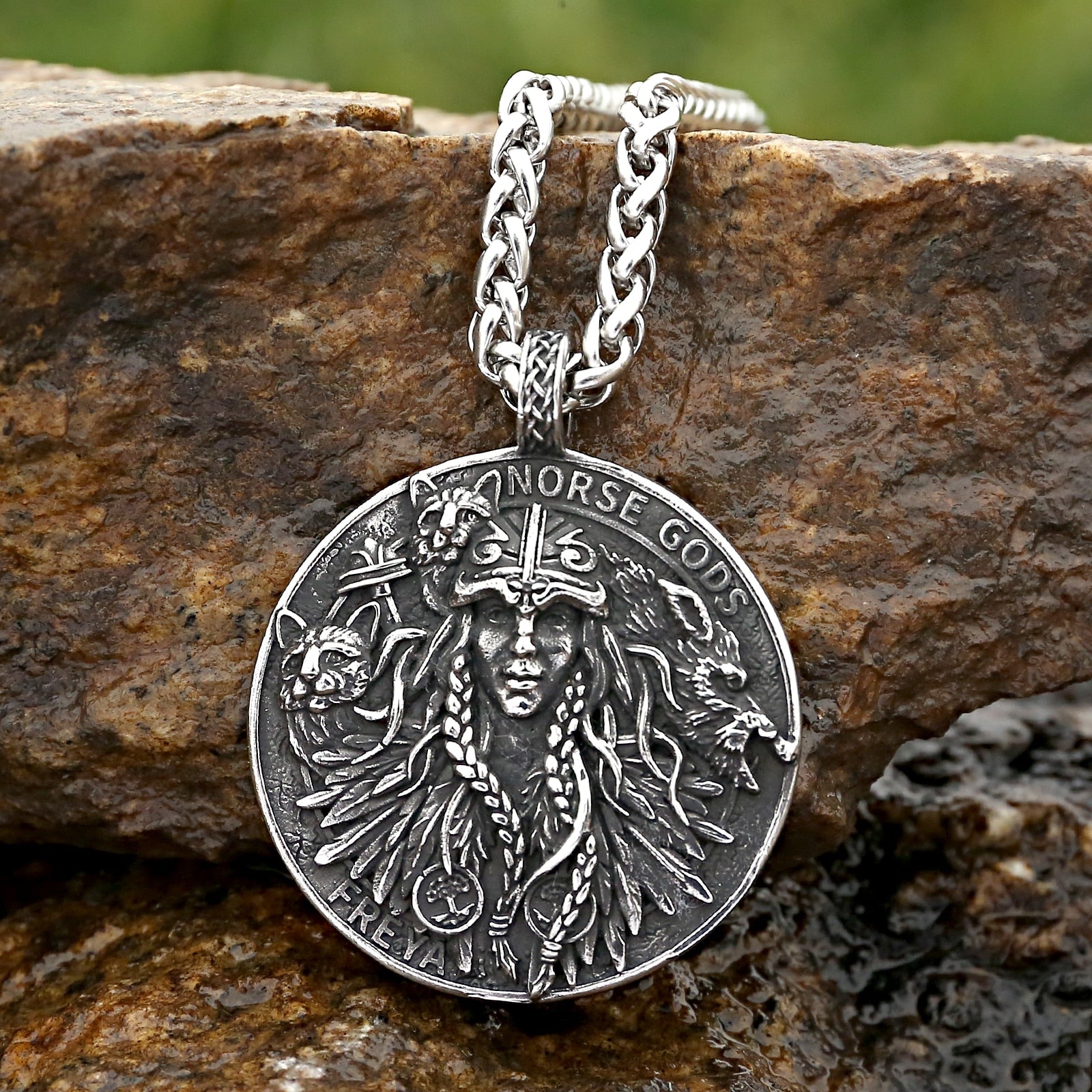 Goddess Freyja Coin Necklace | Norse Mythology Helm of Awe Freya Amulet | Pagan Worship Witchy Pendant | Apollo Tarot Shop
