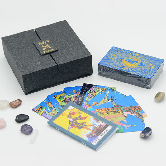 Gold Foil Tarot Deck | 1909 Blue Or Green Colored Plastic Premium Cards | Luxury Divination Gift Box W/ Tablecloth, Deck Pouch, English Guidebook, Crystal Stones & Amulet | Apollo Tarot Shop