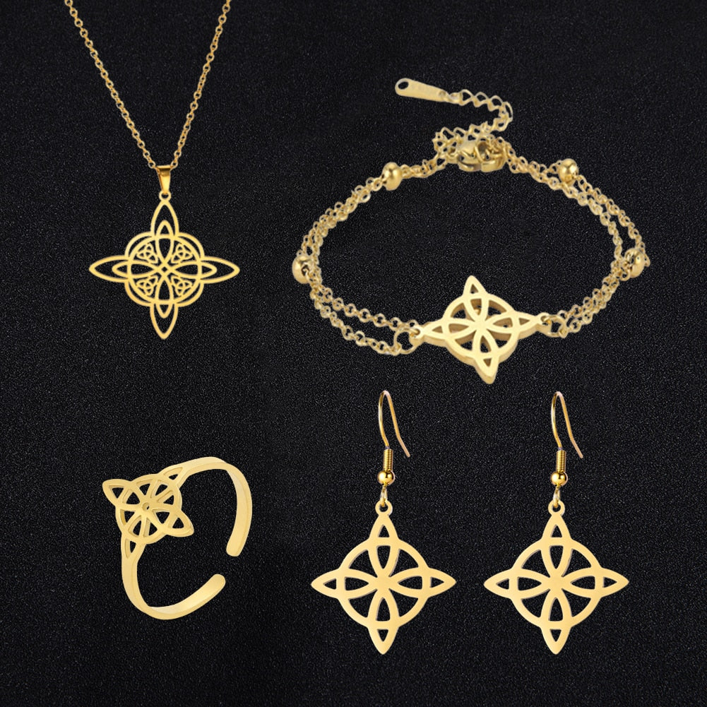 Witch Knot Jewelry Set | Witchy Celtic Necklace, Bracelet, Earring, & Ring Four-Piece Set | Witchcraft Amulet Gift For Wiccan Pagan Women | Apollo Tarot Shop