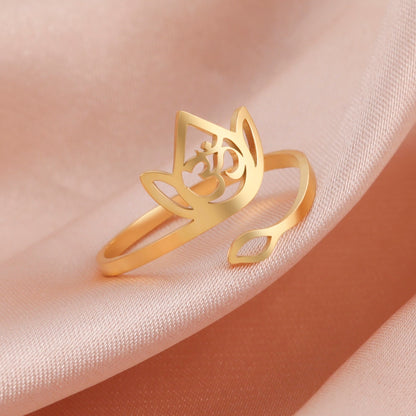 Lotus Flower Ring | Ohm Yoga Jewelry For Spiritual Women | Om Symbol Adjustable Rings Amulet | Religious Gift Accessory | Apollo Tarot Shop