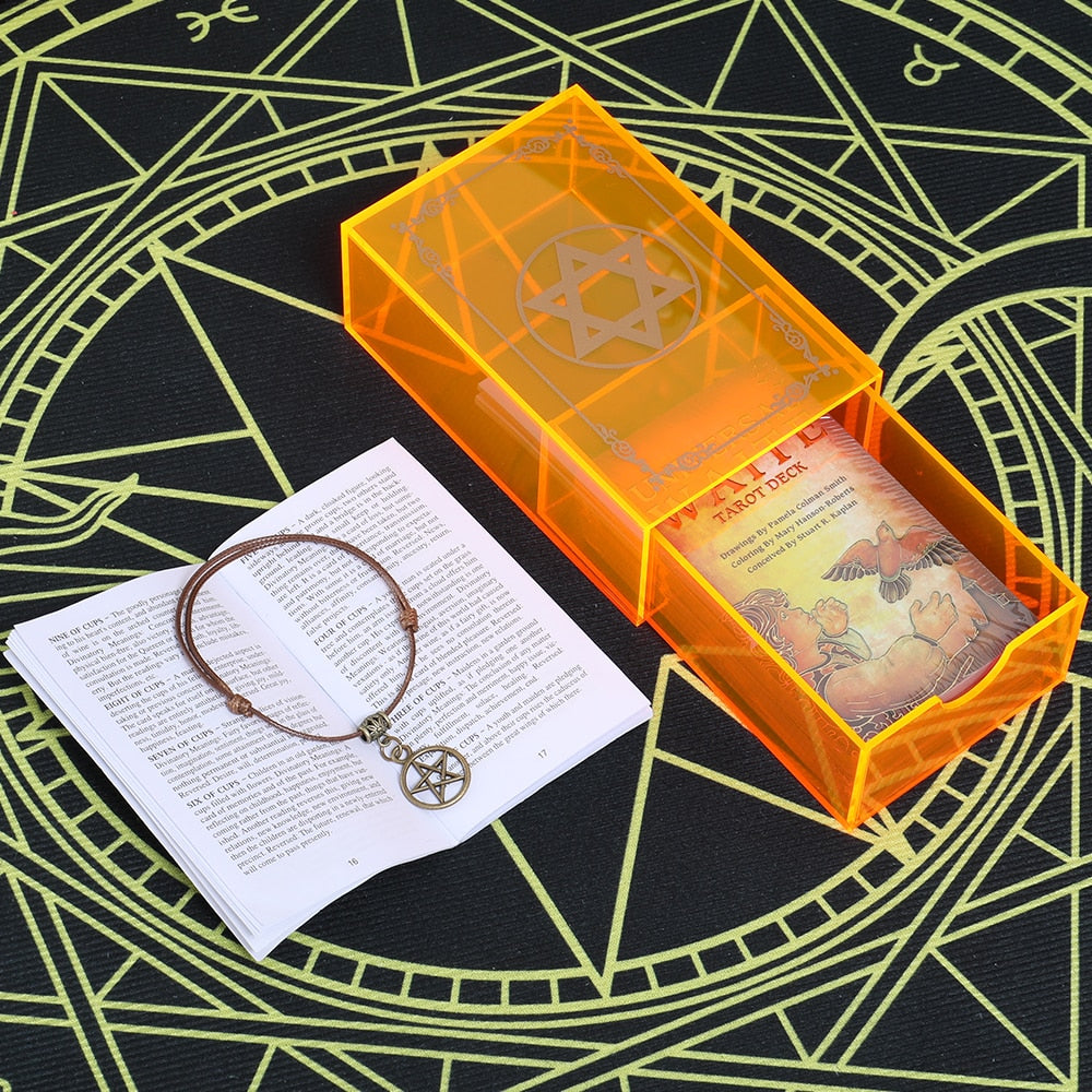 Gold Foil Tarot Deck In Luxury Neon Acrylic Box | Waterproof Wear-Resistant Frameless Cards + English Guidebook For Beginners | Apollo Tarot Shop