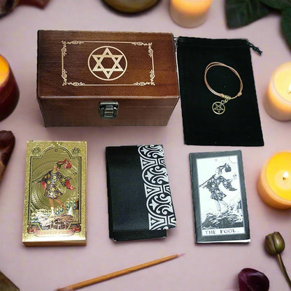 Gold Foil Tarot Deck In A Wooden Gift Box | Universal Tarot Deck Luxury Divination Set Containing Carved Wood Box, Tablecloth, And Guidebook | Apollo Tarot