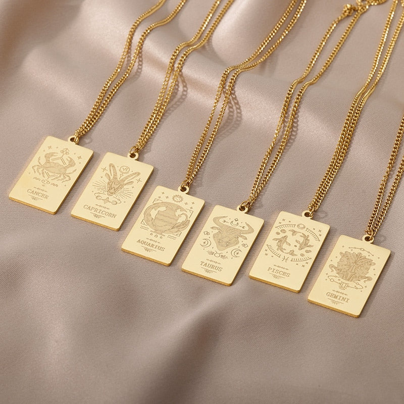 Zodiac Sign Necklace | Astrology Symbols Of The 12 Constellations In Silver Or Gold-Plated Stainless Steel Pendants On 45cm Dainty Chain | Apollo Tarot Shop