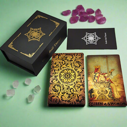 Gold Foil Tarot Deck | Luxury PVC Waterproof Wear-Resistant Tarot Cards In Antique Faded Golden Style | Premium Divination Gift Box + English Guidebook | Apollo Tarot Shop