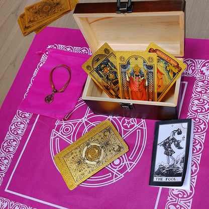 Gold Foil Tarot Deck In A Wooden Gift Box | Universal Tarot Deck Luxury Divination Set Containing Carved Wood Box, Tablecloth, And Guidebook | Apollo Tarot