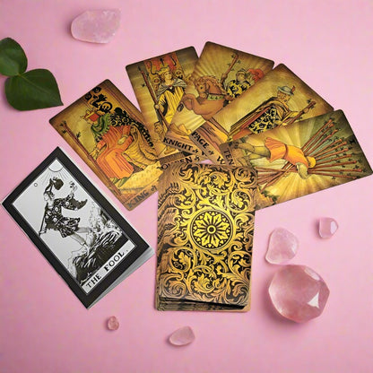 Gold Foil Tarot Deck | Luxury PVC Waterproof Wear-Resistant Tarot Cards In Antique Faded Golden Style | Premium Divination Gift Box + English Guidebook | Apollo Tarot Shop