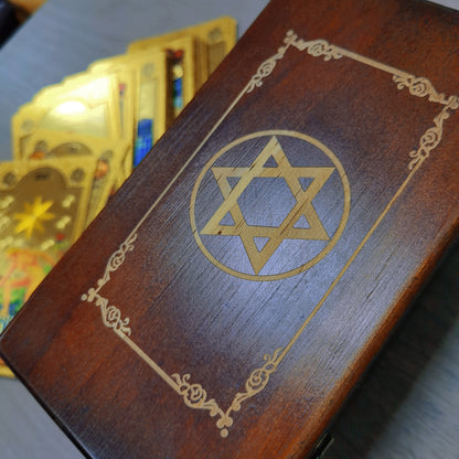 Gold Foil Tarot Deck In A Wooden Gift Box | Universal Tarot Deck Luxury Divination Set Containing Carved Wood Box, Tablecloth, And Guidebook | Apollo Tarot