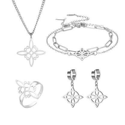 Witch Knot Jewelry Set | Witchy Celtic Necklace, Bracelet, Earring, & Ring Four-Piece Set | Witchcraft Amulet Gift For Wiccan Pagan Women | Apollo Tarot Shop