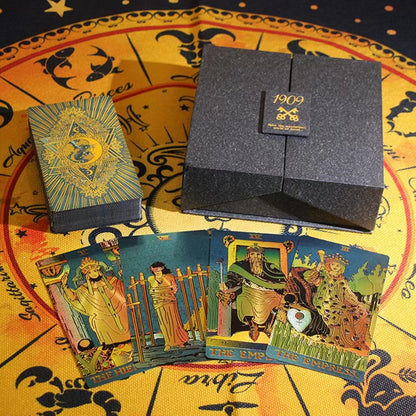 Gold Foil Tarot Deck | 1909 Blue Or Green Colored Plastic Premium Cards | Luxury Divination Gift Box W/ Tablecloth, Deck Pouch, English Guidebook, Crystal Stones & Amulet | Apollo Tarot Shop