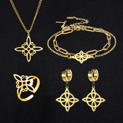 Witch Knot Jewelry Set | Witchy Celtic Necklace, Bracelet, Earring, & Ring Four-Piece Set | Witchcraft Amulet Gift For Wiccan Pagan Women | Apollo Tarot Shop