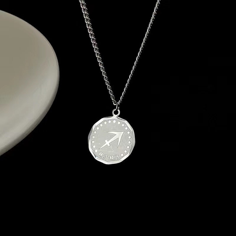 Twelve Constellation Long Necklace | 12 Zodiac Signs Round Silver Color Pendant | Witchy Birthday Gift Jewelry For Spiritual Men & Women | Apollo Tarot Shop