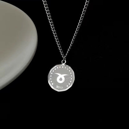 Twelve Constellation Long Necklace | 12 Zodiac Signs Round Silver Color Pendant | Witchy Birthday Gift Jewelry For Spiritual Men & Women | Apollo Tarot Shop