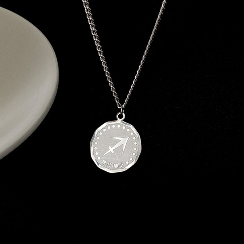 Twelve Constellation Long Necklace | 12 Zodiac Signs Round Silver Color Pendant | Witchy Birthday Gift Jewelry For Spiritual Men & Women | Apollo Tarot Shop