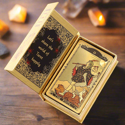 Gold Foil Tarot Deck | High-End Box + Waterproof, Wear-Resistant, Golden Plastic Cards + English Guidebook | Rider-Waite Inspired Divination Gift Set | Apollo Tarot Shop