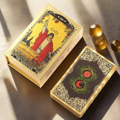 Gold Foil Tarot Deck | High-End Box + Waterproof, Wear-Resistant, Golden Plastic Cards + English Guidebook | Rider-Waite Inspired Divination Gift Set | Apollo Tarot Shop