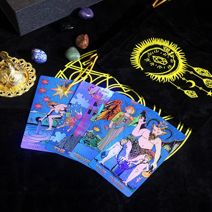 Gold Foil Tarot Deck | 1909 Blue Or Green Colored Plastic Premium Cards | Luxury Divination Gift Box W/ Tablecloth, Deck Pouch, English Guidebook, Crystal Stones & Amulet | Apollo Tarot Shop