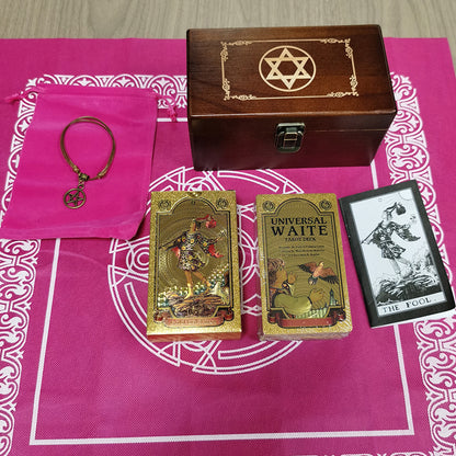 Gold Foil Tarot Deck In A Wooden Gift Box | Universal Tarot Deck Luxury Divination Set Containing Carved Wood Box, Tablecloth, And Guidebook | Apollo Tarot