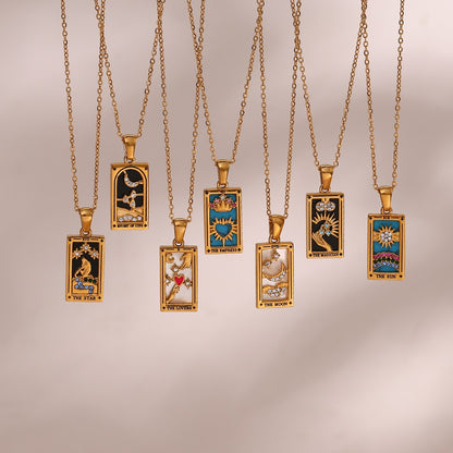 Tarot Card Necklace | Dainty Gold-Plated Witchy Jewelry | Enamel & Cubic Zirconia Oracle Cards Pendants | Apollo Tarot Shop