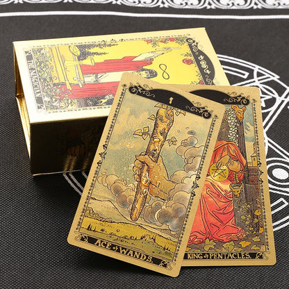 Gold Foil Tarot Deck | High-End Box + Waterproof, Wear-Resistant, Golden Plastic Cards + English Guidebook | Rider-Waite Inspired Divination Gift Set | Apollo Tarot Shop