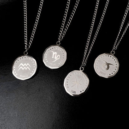 Twelve Constellation Long Necklace | 12 Zodiac Signs Round Silver Color Pendant | Witchy Birthday Gift Jewelry For Spiritual Men & Women | Apollo Tarot Shop