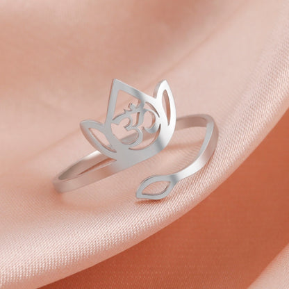 Lotus Flower Ring | Ohm Yoga Jewelry For Spiritual Women | Om Symbol Adjustable Rings Amulet | Religious Gift Accessory | Apollo Tarot Shop