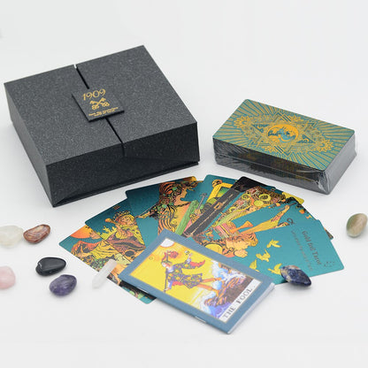 Gold Foil Tarot Deck | 1909 Blue Or Green Colored Plastic Premium Cards | Luxury Divination Gift Box W/ Tablecloth, Deck Pouch, English Guidebook, Crystal Stones & Amulet | Apollo Tarot Shop