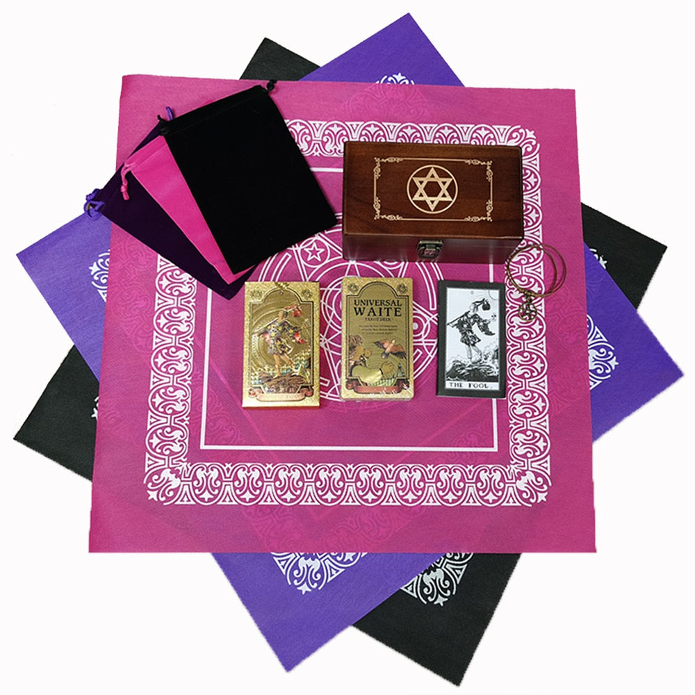 Gold Foil Tarot Deck In A Wooden Gift Box | Universal Tarot Deck Luxury Divination Set Containing Carved Wood Box, Tablecloth, And Guidebook | Apollo Tarot
