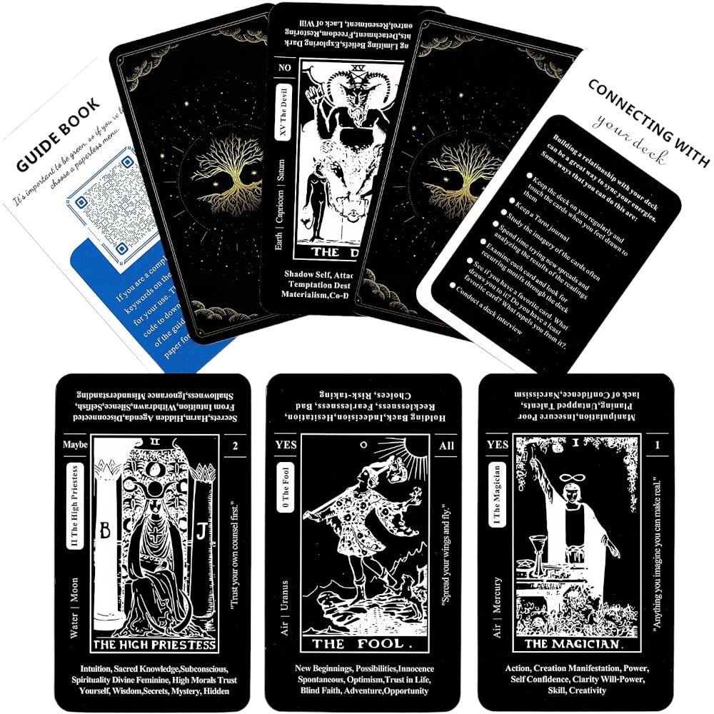 B&W Beginner Tarot Cards Deck With Card Meaning Keywords | Baby Witch Black & White Premium Divination Set | Witchy Party Gift For Friend | Apollo Tarot Shop