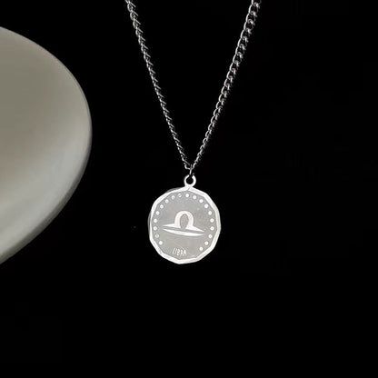 Twelve Constellation Long Necklace | 12 Zodiac Signs Round Silver Color Pendant | Witchy Birthday Gift Jewelry For Spiritual Men & Women | Apollo Tarot Shop