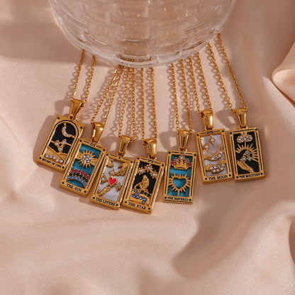 Tarot Card Necklace | Dainty Gold-Plated Witchy Jewelry | Enamel & Cubic Zirconia Oracle Cards Pendants | Apollo Tarot Shop