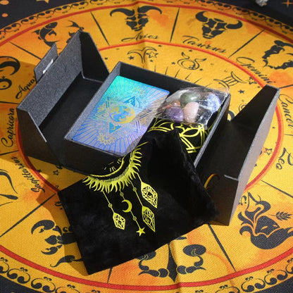 Gold Foil Tarot Deck | 1909 Blue Or Green Colored Plastic Premium Cards | Luxury Divination Gift Box W/ Tablecloth, Deck Pouch, English Guidebook, Crystal Stones & Amulet | Apollo Tarot Shop