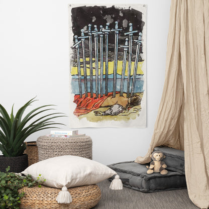 Tarot Wall Tapestry | Ten Of Swords Tarot Card Flag | Apollo Tarot