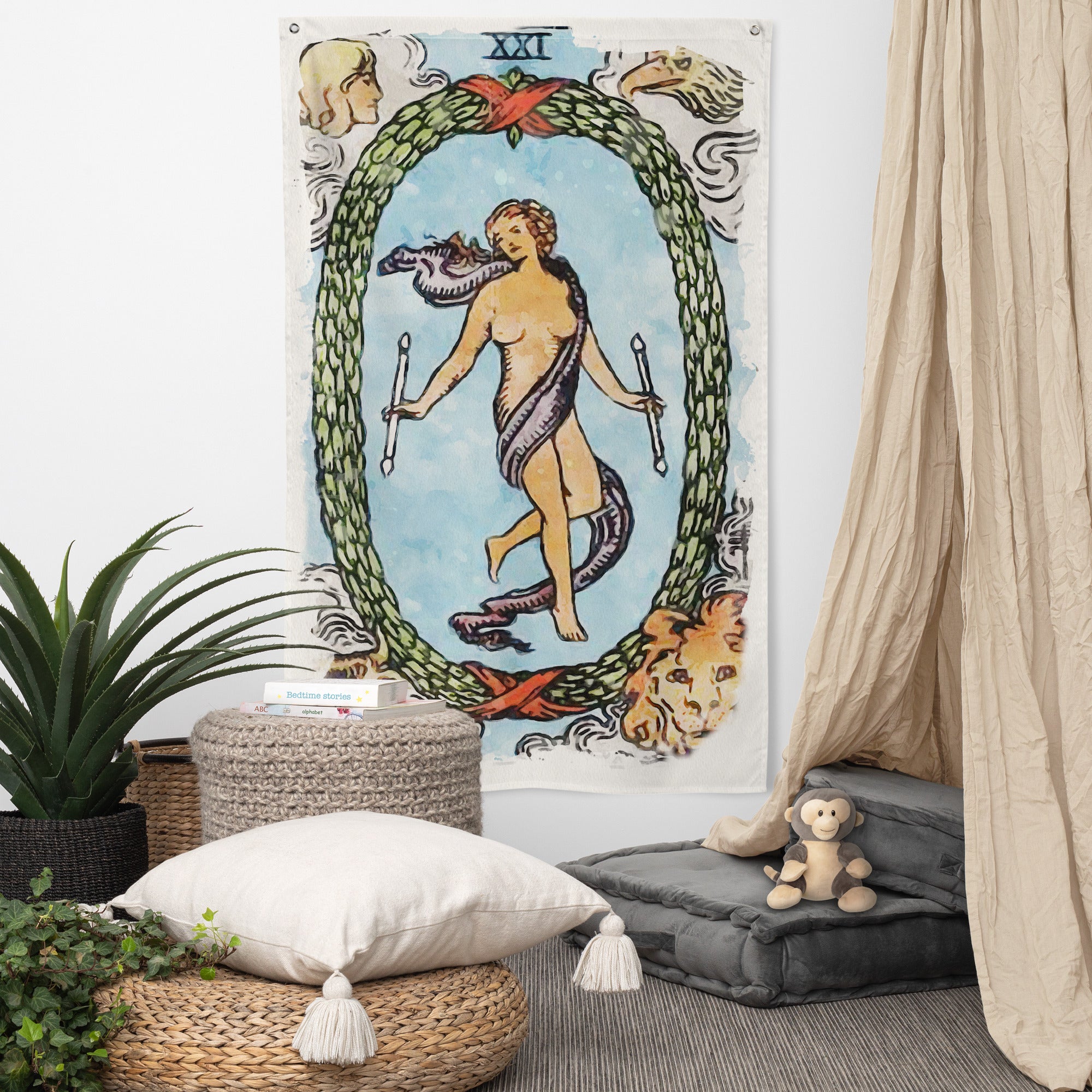 Decorative Wall Flag Of The World Tarot Card | Witchy Tapestry For Esoteric Home Decor | Apollo Tarot