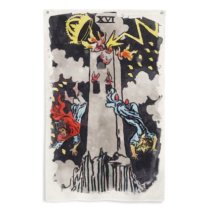 The Tower Tarot Card Wall Tapestry | Witchy Major Arcana Art Flag For Mystical Decor