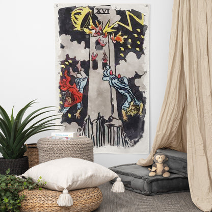 The Tower Tarot Card Wall Tapestry | Witchy Major Arcana Art Flag For Mystical Decor