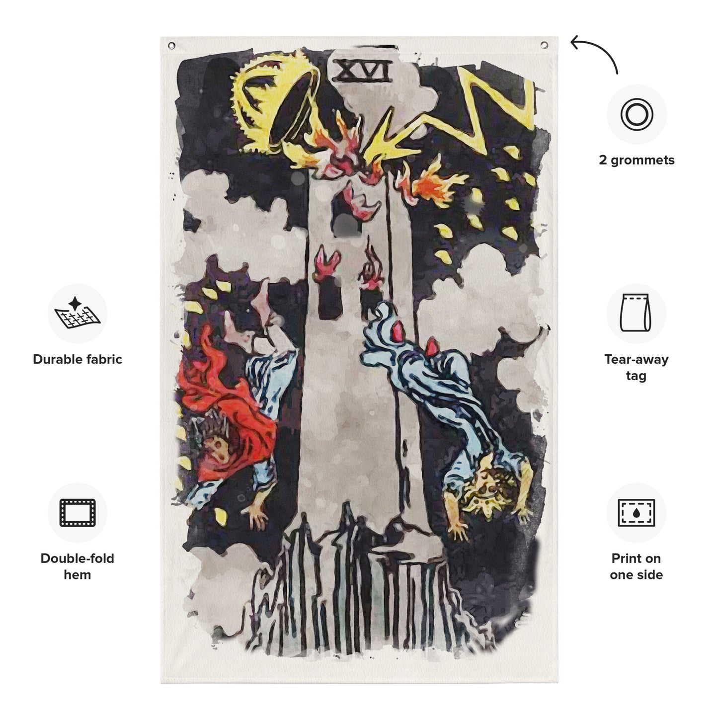 The Tower Tarot Card Wall Tapestry | Witchy Major Arcana Art Flag For Mystical Decor