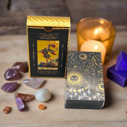 Beginner Tarot Deck With Meaning Keywords In Gold Foil Premium Tear-Resistant Cards | Divination Tarot Card Set With English Guidebook For Newbies | Apollo Tarot Shop