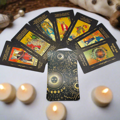 Beginner Tarot Deck With Meaning Keywords In Gold Foil Premium Tear-Resistant Cards | Divination Tarot Card Set With English Guidebook For Newbies | Apollo Tarot Shop