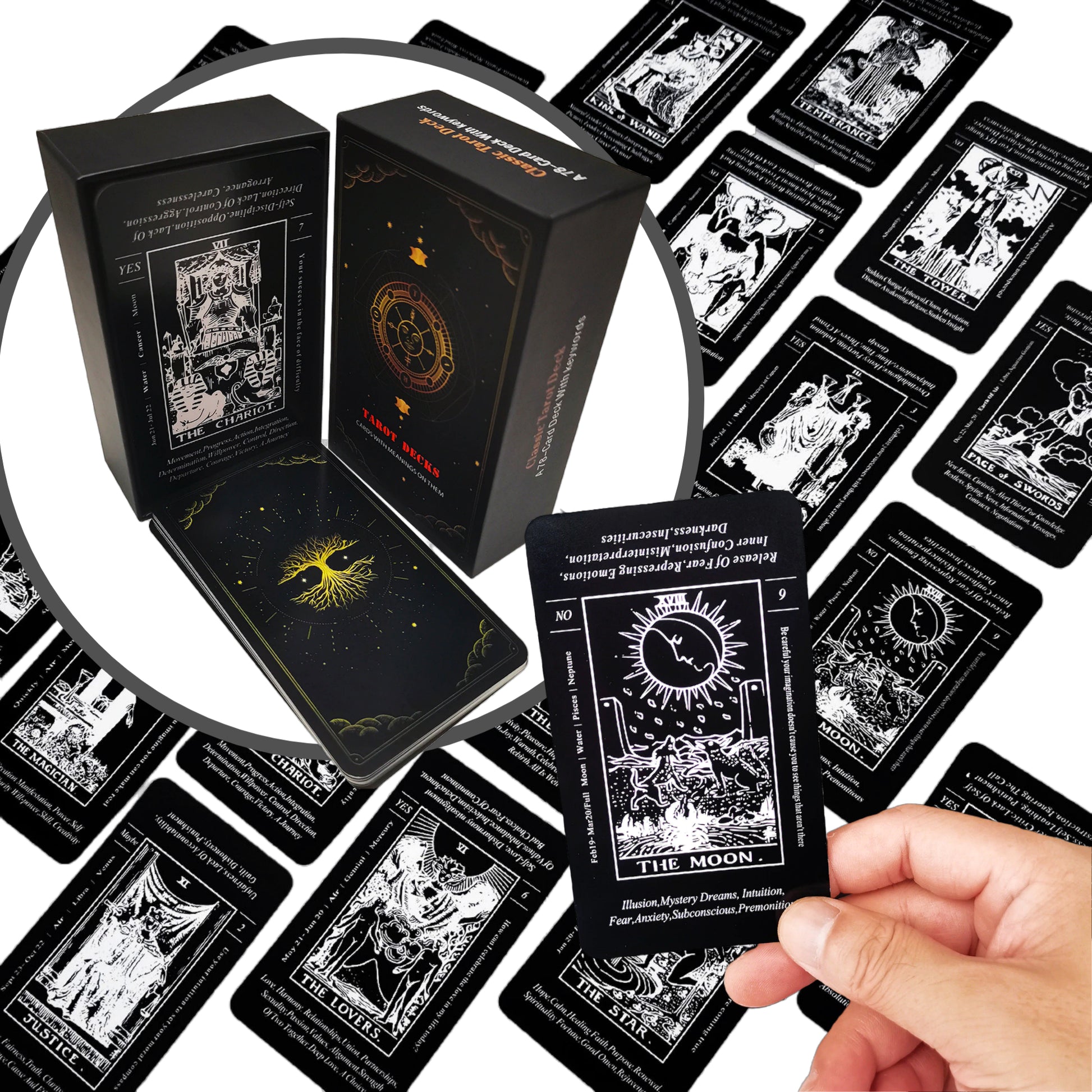 B&W Beginner Tarot Cards Deck With Meaning Keywords | Apollo Tarot