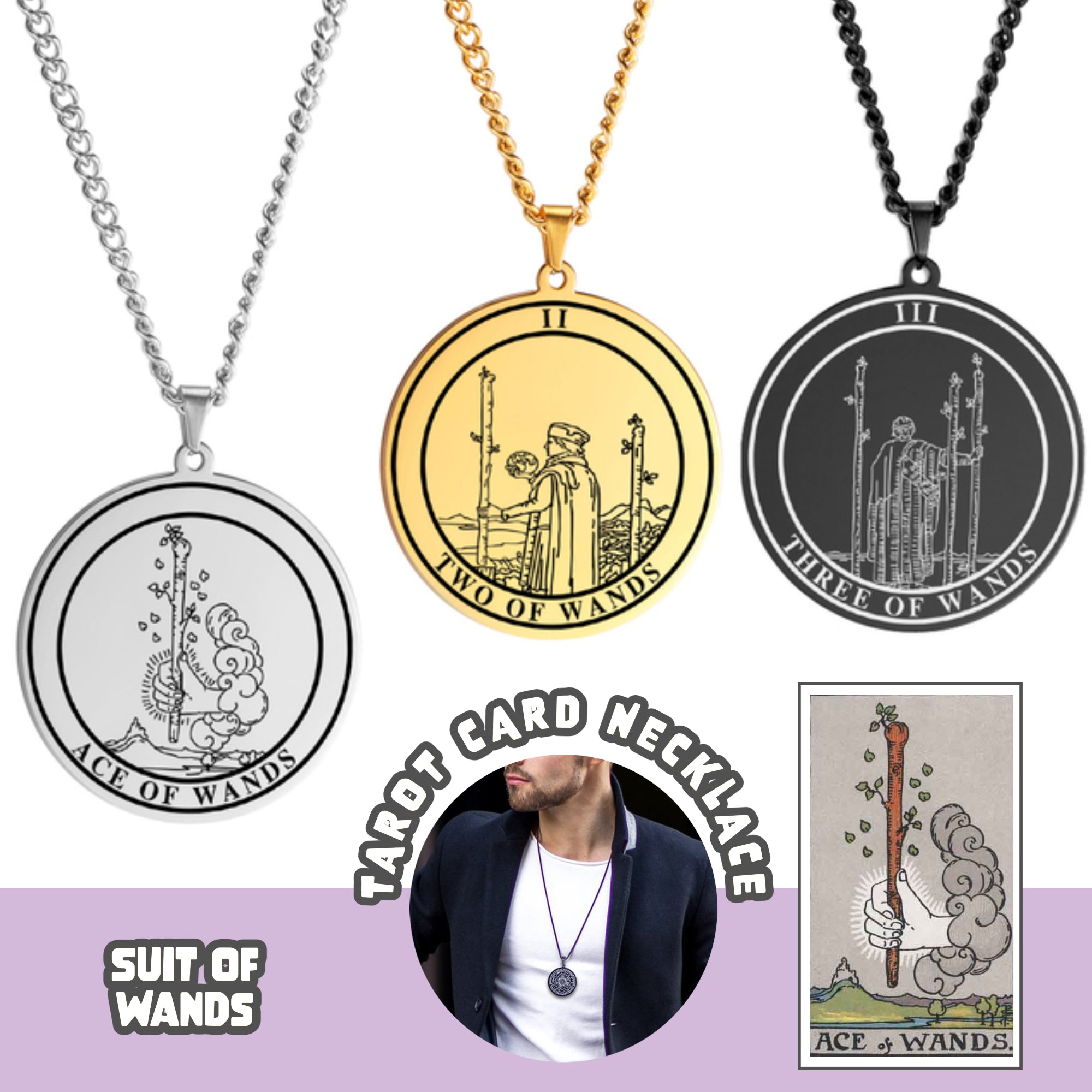Round Tarot Card Necklace | Suit Of Wands Minor Arcana Rounded Cards Pendant | Unisex Statement Jewelry | Apollo Tarot